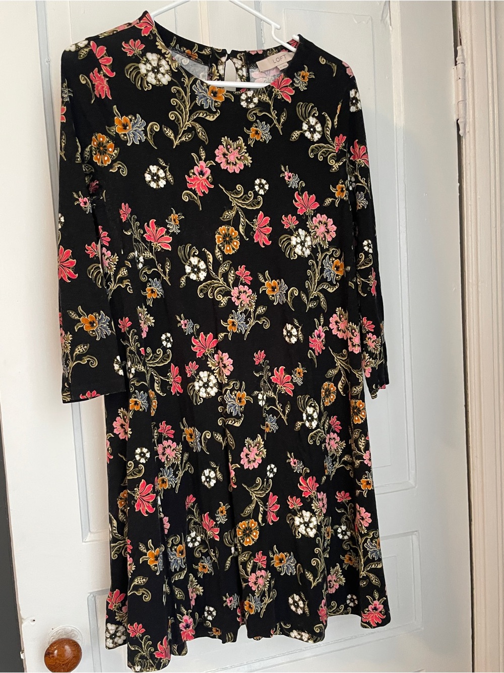 LOFT Black Floral A-Line Dress with  Pink & Gold Accents size small